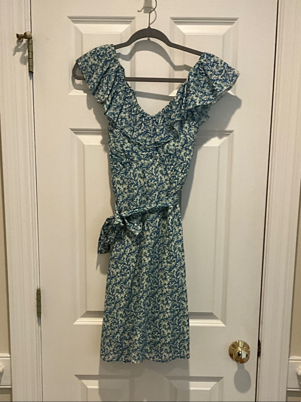 sundays Blue Floral Midi Dress with Ruffle Shoulders and Tie Waist